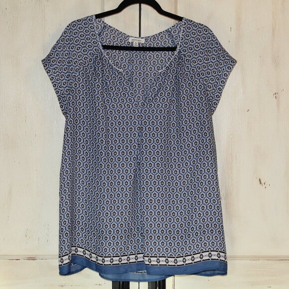 -Max Studio blue black and white short sleeve v-neck flowy style blouse XL - Picture 1 of 6